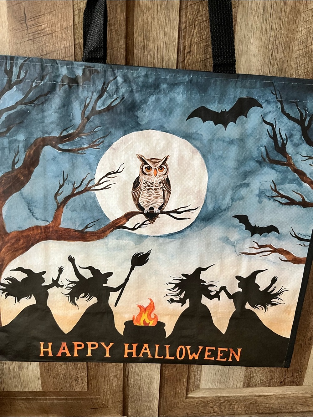 Happy Halloween Reusable Shopping Tote Bag Witches Owl Moon Spooky